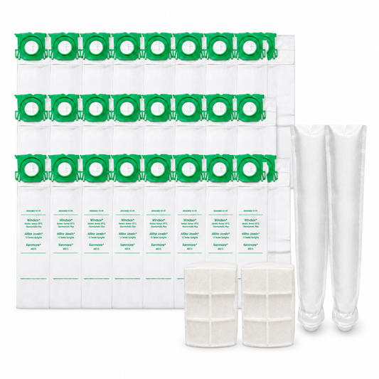 A set of replacement vacuum filter parts, including a pack of white paper filter cartridges with green caps, two white pleated filter elements, and two white cylindrical tubes, arranged on a plain white background.