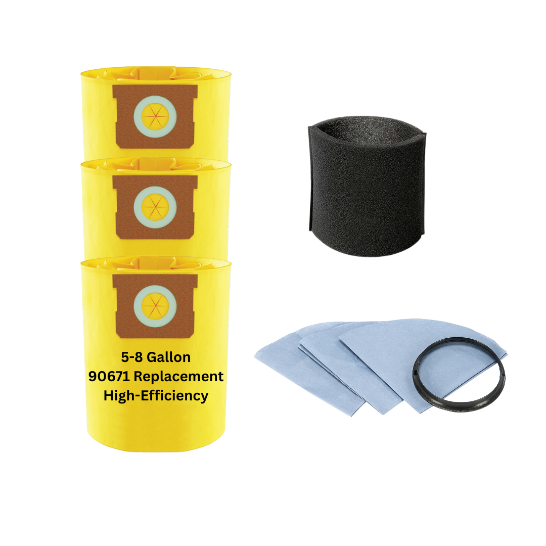 VacBagsUSA Replacement Bundle Kit for Shop-Vac 5-8 Gallon Vacuums (3) 5-8 Gallon High Efficiency Dust Bags, (1) Foam Filter, (3) Dry Disc Filters - VacBagsUSA