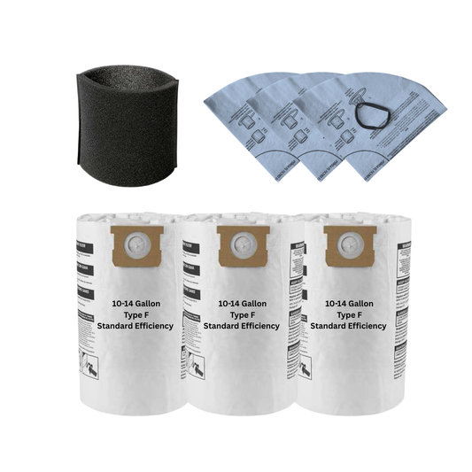VacBagsUSA Replacement Bundle Kit for Shop-Vac 10-14 Gallon Vacuums (3) Type F 90662 Filter Bags, (1) Foam Filter, (3) Dry Disc Filters