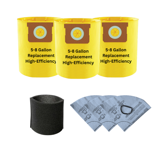 VacBagsUSA Replacement Bundle Kit for Shop-Vac 5-8 Gallon Vacuums (3) 5-8 Gallon High Efficiency Dust Bags, (1) Foam Filter, (3) Dry Disc Filters