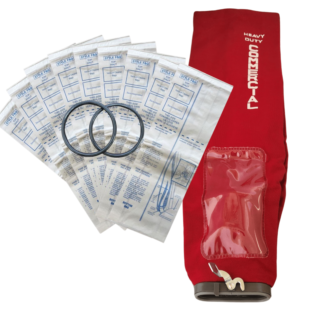 VacBagsUSA® Professional Bundle Kit For Sanitaire®/Eureka® Including (9) Style F&G 2-Ply Vacuum Cleaner Bags + (1)Outer Vacuum Cleaner Bag w/ Latch (Replaces #53506-8) + (2) Style RD Round Belts - VacBagsUSA