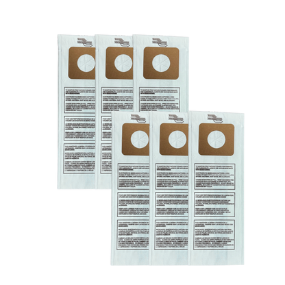 Set of six vacuum filter bags on a white background