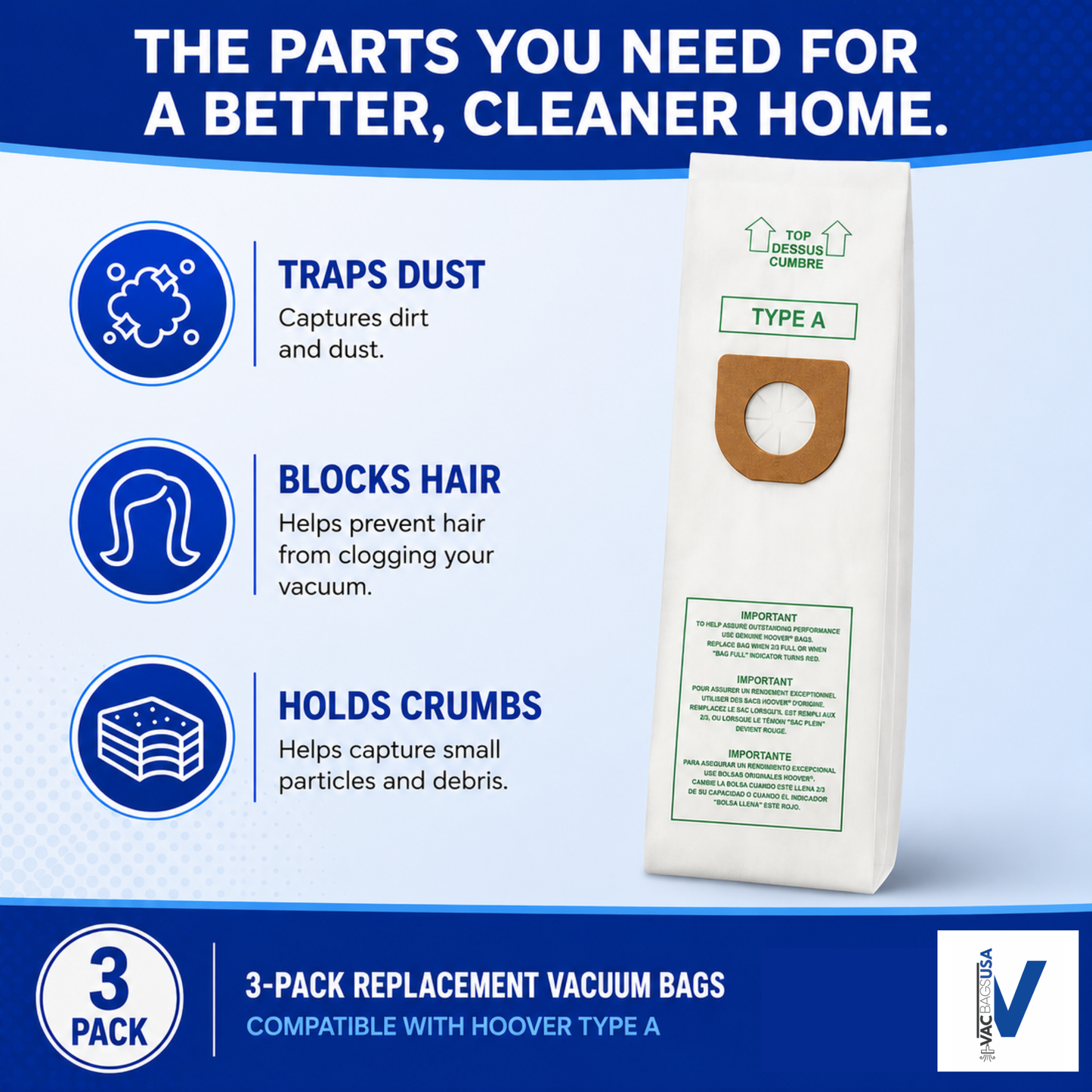 VacBagsUSA Replacement Hoover Type A Vacuum Bags, Replaces #4010001A Made In USA