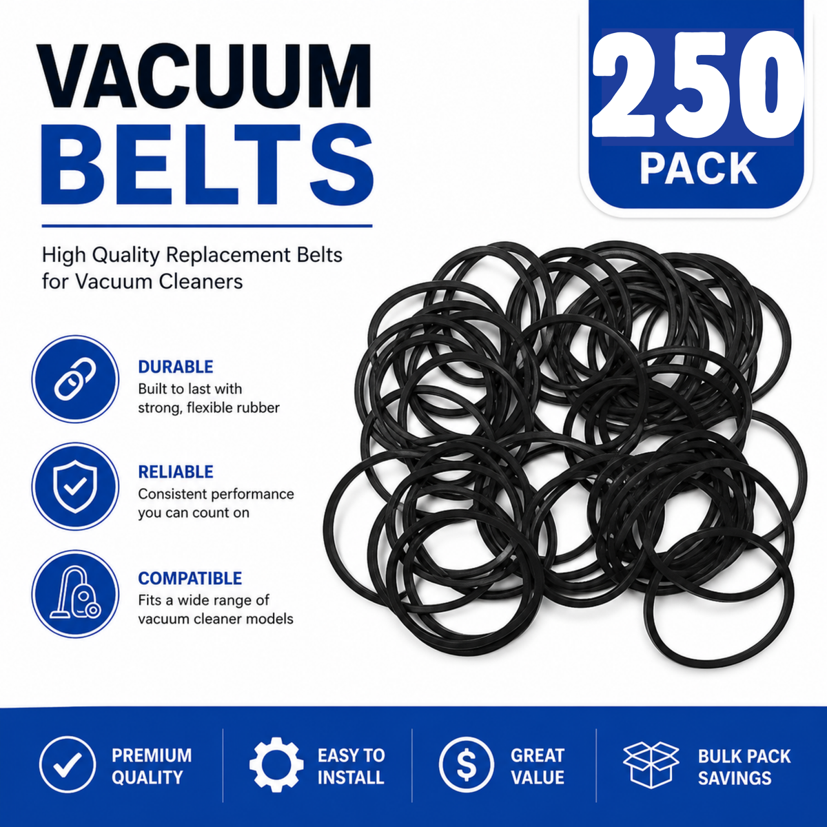 The Better Bundle 250-Pack Style RD Round Vacuum Belts Compatible with Eureka RD, Sanitaire - VacBagsUSA