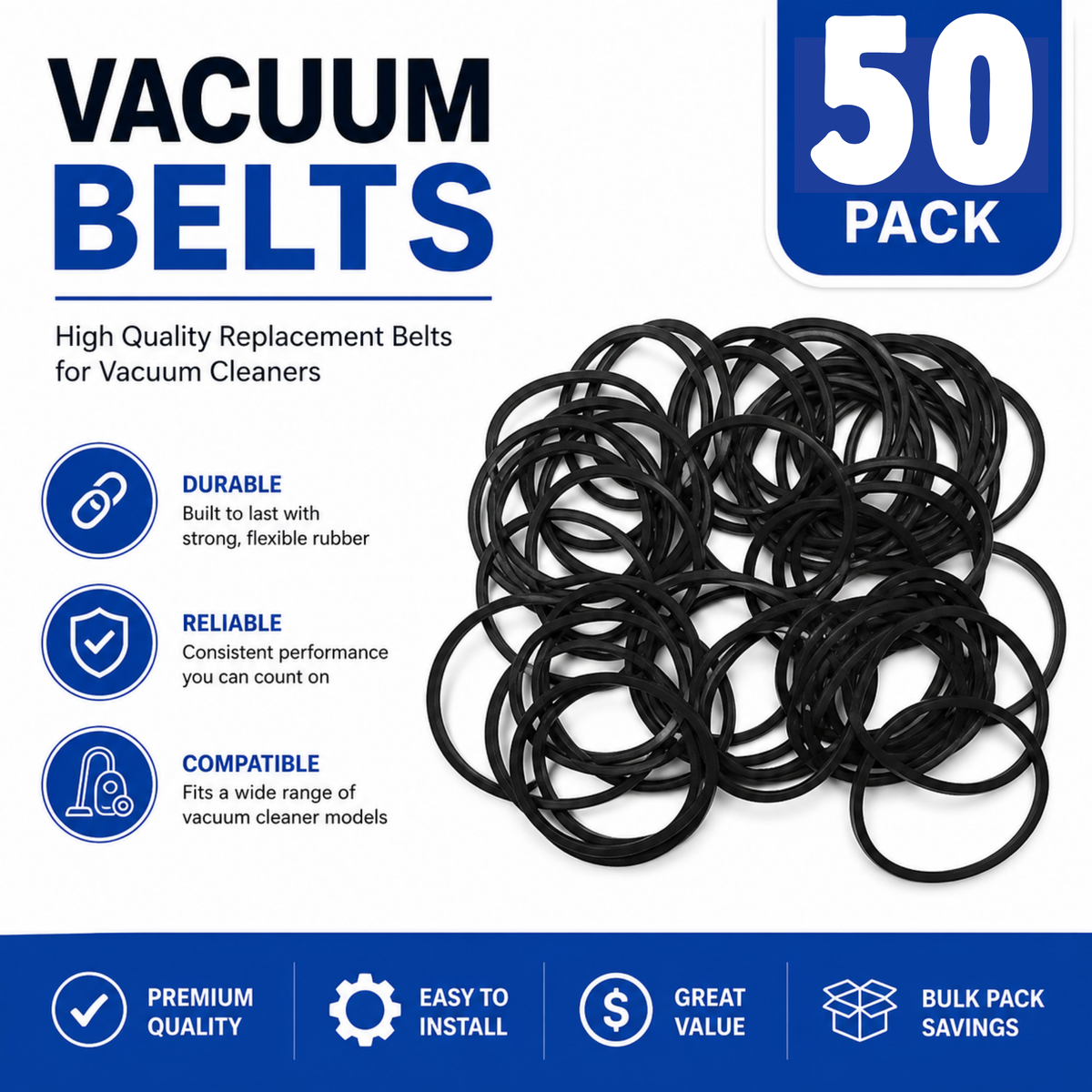 The Better Bundle 100-Pack Style RD Round Vacuum Belts Compatible with Eureka RD, Sanitaire - VacBagsUSA